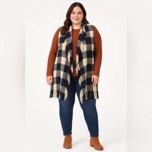 Cozy Blanket Scarf with Arm Holes Plaid Fringe in Navy Blue and Cream - One Size
